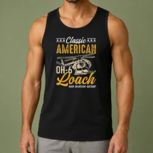 Premium Classic American Hughes OH 6 Cayuse Loach Arm Aviation Action Tank Top in white, featuring detailed aviation-themed artwork