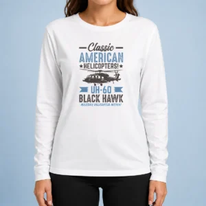 Top Classic American UH 60 Black Hawk Helicopter long sleeve shirt in black with detailed helicopter graphic