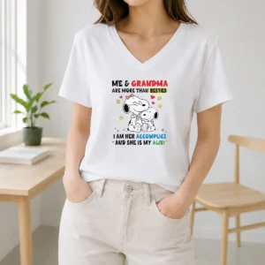 Hot Snoopy Grandma Me And Are More Than Besties I Am Her Accomplice She Is My Alibi V-Neck Shirt