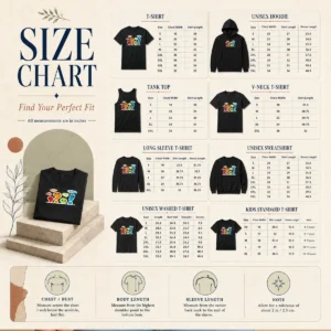 Nice Punctuation Squad size chart showing garment measurements in inches and centimeters