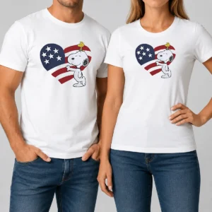 Pretty Snoopy And Woodstock American Flag Heart t shirt featuring a classic crew neck and short sleeves in a comfortable cotton blend