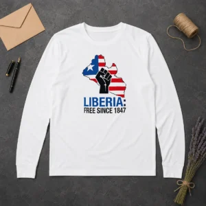 Original Liberia Free Since 1847 Long Sleeve Shirt in white, featuring bold text on front with long sleeves and crew neck