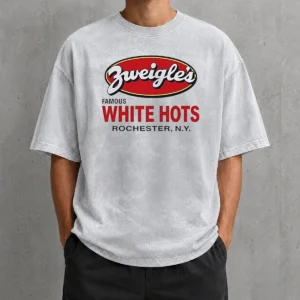 Awesome Zweigle'S Famous White Hots Rochester NY printed on a soft washed t shirt in white color