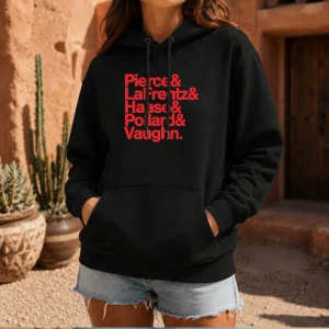 Official Pierce And Lafrentz And Haase And Pollard And Vaughn Kansas Jayhawks Basketball Roster Hoodie in classic fit with front kangaroo pocket