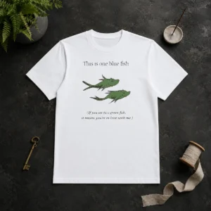 Hot Original Dr Seuss Parody One Blue Fish Two Green Fish Love Meme Yellow Graphic t shirt in bright yellow color with bold print