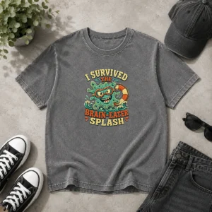 Good Vintage Brain Eater Splash Survivor Retro Copy Washed T Shirt in faded vintage style with soft fabric texture