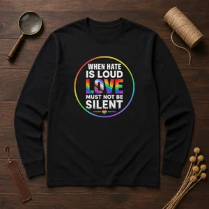 Pretty When Hate Is Loud Love Must Not Be Silent Pride Month long sleeve shirt in white, featuring bold rainbow text design