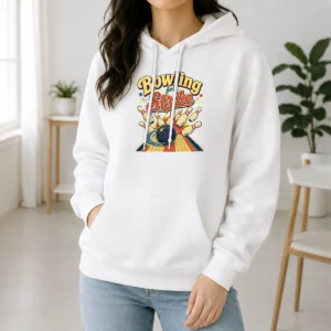 Pretty Bowling For Strike Vintage Hoodie in dark color with front pocket and drawstring hood
