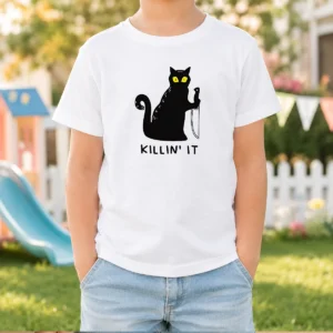 Pretty Black Cat Holding Knife Killin' It Kids T-Shirt