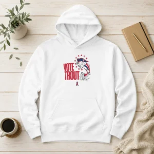 Nice Trout Signature Vote For Mike Trout Angels Hoodie in black with front graphic design, comfortable pullover style