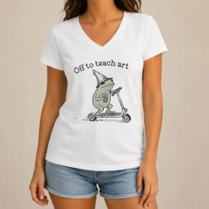 Funny Premium Frog Off To Teach Art With Iced Coffee On Scooter V-Neck Shirt