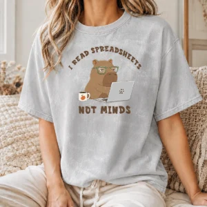 Funny I Read Spreadsheets washed t shirt in light gray with bold black text design on front