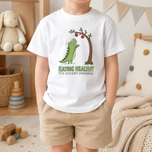 Good T Rex Eating Healthy The Ancient Struggle Kids T Shirt featuring a playful dinosaur graphic on soft cotton fabric
