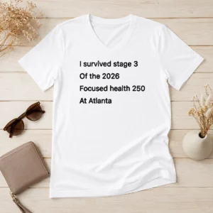 Pretty I Survived Stage 3 Of The 2026 Focused Health 250 At Atlanta V Neck Shirt in black with white and pink text