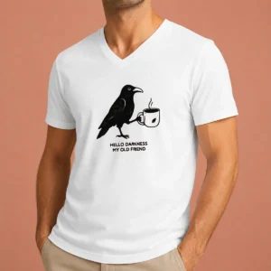 Official Crow Raven Drink Coffee Hello Darkness My Old Friend V-Neck Shirt
