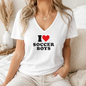 Premium Original I Love Soccer Boys V Neck Shirt in black with a playful soccer-themed graphic for boys