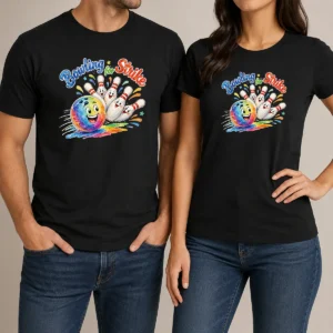 Original Bowling For Strike Watercolor t shirt showing front view on a classic crew neck cotton tee