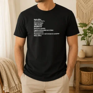 Official Media Offline International Languages t shirt in black, front view with bold graphic text