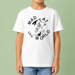 Pretty Snoopy Peanuts Mad At The World Kids T Shirt featuring a colorful graphic on a soft cotton fabric