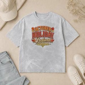Original Pretty October Holiday Ireland Cozy Fall Typography Washed T-Shirt