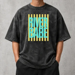 Awesome River Babe Retro Stripes Sunshine Washed T Shirt laid flat showing vintage striped design and soft fabric texture