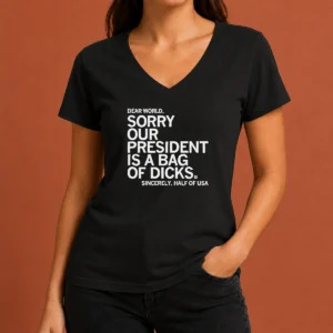 Premium Nice USA President Dear World Sorry Our Is A Bag Of Dicks Sincerely Half Of Text V Neck Shirt in classic fit with short sleeves