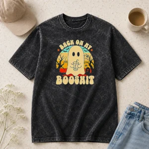Premium Back On My Booshit Retro Ghost Drinking Boba Tea Washed T-Shirt