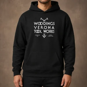 Premium Woodings Verona Tool Works Established 1873 Pennsylvania hoodie in charcoal gray with front pocket and drawstring hood