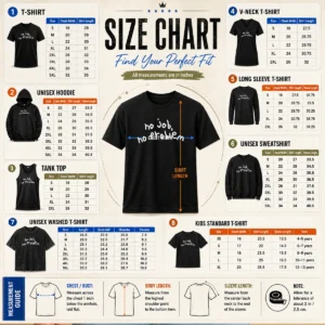 Size chart for Nice No Job No Problem Text Quote with measurements in inches and centimeters