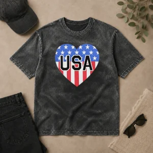Funny USA Heart Flag Emblem Patriotic Washed T Shirt showing vintage style print on soft cotton fabric