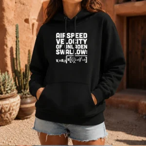 Funny Airspeed Velocity Of Unladen Swallow And Equation Science Nerd Hoodie in charcoal gray with front print