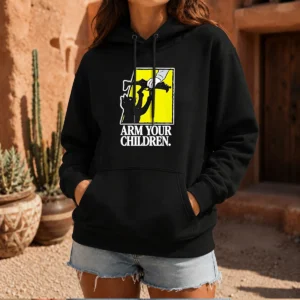 Pretty Black Cat With Gun Satire Arm Your Children Hoodie in black, featuring a bold graphic print on a comfortable pullover