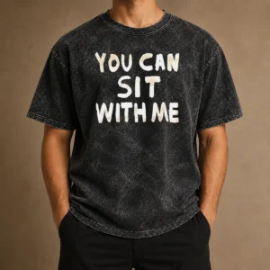 Top Official You Can Sit With Me Text Washed T Shirt in faded black with bold white lettering on front