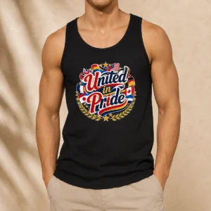 Awesome United In Pride National Flag Typography Tank Top in black, sleeveless casual wear with colorful flag text design
