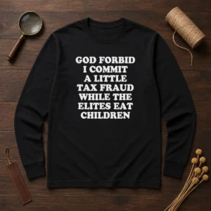 Good God Forbid I Commit A Little Tax Fraud While The Elites Eat Children long sleeve shirt in dark color with bold white text design