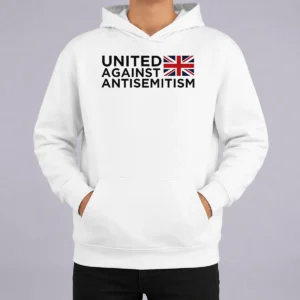 Pretty United Against Antisemitism UK Flag Anti Hate Hoodie in navy blue, front view with kangaroo pocket and drawstring hood