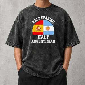 Top Funny Half Spanish Half Argentinian Flags Washed T Shirt showing front print on soft cotton fabric