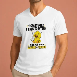 Original Sometimes I Talk To Myself Then We Both Laugh And Laugh Duck V Neck Shirt in soft cotton fabric with a relaxed fit