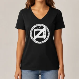 Premium Turn It Off The Media Lies To You Your TV Is A Propaganda Machine V Neck Shirt in black, women's fitted v neck tee