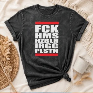 Official FCK HMS HZBLH IRGC PLSTN Acronym Washed T Shirt in faded black, front view with clear acronym print