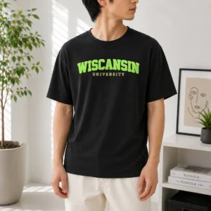 Pretty Wiscansin University College Funny Parody t shirt in unisex fit with white print on navy blue fabric