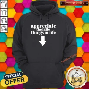 Pretty Appreciate The Little Things In Life Down Arrow Hoodie in charcoal gray, front view with drawstring hood and kangaroo pocket