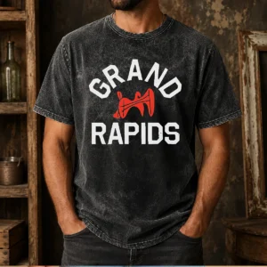 Funny Grand Rapids Michigan City Logo washed t shirt in soft faded fabric with city emblem on front