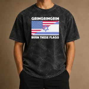 Pretty United States Israel Flag Grimgrimgrim Burn These Flags Washed T Shirt front view on a white background