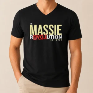Official The Massie Revolution Est 2026 Political Movement V Neck Shirt in black cotton fabric with short sleeves