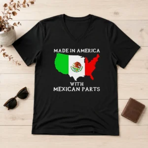 Good Made In America With Mexican Parts Map Of United States And Mexico Flag V Neck Shirt in heather gray cotton fabric