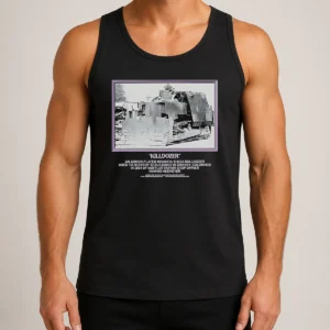 Nice Official Marvin Heemeyer Killdozer Komatsu D355A Granby Colorado 2004 Muffler graphic on a sleeveless tank top