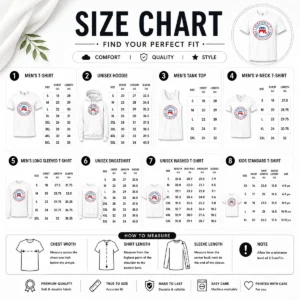 Size chart for Nice Republican Pedophile Protectors Party showing measurements in inches and centimeters