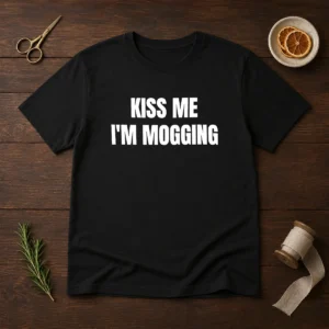 Hot Kiss Me I'M Mogging Looksmaxxing Meme t shirt in black with bold white text design