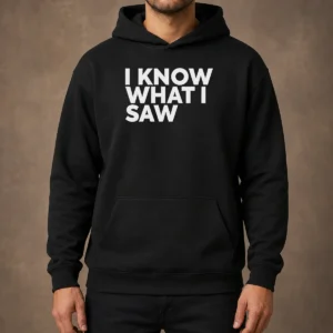 Funny I Know What I Saw Hoodie in charcoal gray with front graphic and kangaroo pocket